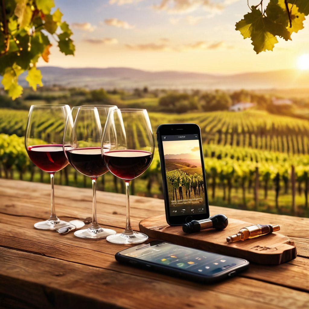 A sophisticated wine tasting scene with a variety of wine glasses filled with different wines on a rustic wooden table. Include a stylish smartphone displaying a wine app interface beside the glasses, showcasing tasting notes and ratings. Lush grapevines and a vineyard landscape in the background, adding a serene atmosphere, with warm sunset lighting illuminating the scene. super-realistic. vibrant colors. blurred background.