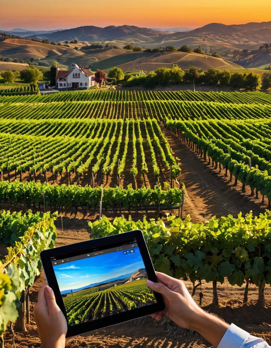A vineyard showcasing advanced digital technology seamlessly integrated into traditional wine production. Visual elements include smart sensors in the grapevines, drones hovering above for monitoring, and a farmer using a tablet to analyze the digital data. The background should display rolling hills and grape clusters ready for harvest, all infused with a warm sunset glow. vibrant colors. super-realistic.