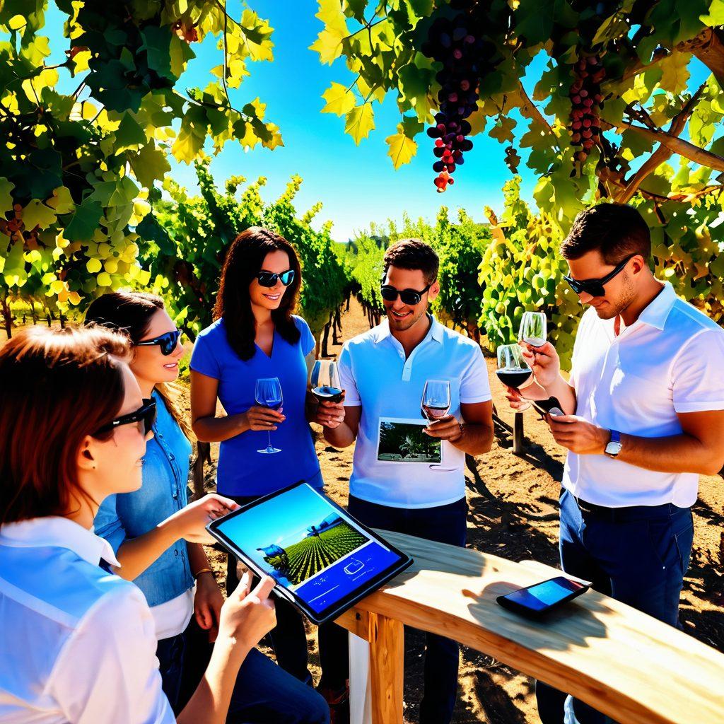 An innovative vineyard scene showcasing a winemaker using a tablet to monitor grape harvest data, juxtaposed with a group of friends enjoying a wine tasting using augmented reality glasses. Vibrant grapevines stretch across the landscape under a clear blue sky, symbolizing the fusion of tradition and technology. Include modern wine bottles with QR codes and interactive tasting notes visible on the screens. super-realistic. vibrant colors. 3D.